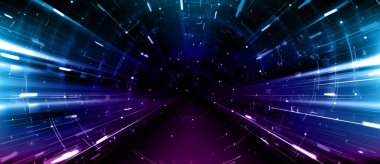 Neon mor ışık tüneli olan teknik arka plan. Vektör gerçekçi illüstrasyon, cam tüp portalının içindeki soyut doku, geleceksel uzay ışınlanma perspektifi, modern teknoloji sunum şablonu