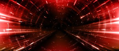 Neon yeşil ışık tüneli olan teknik arka plan. Cam tüp portalının içindeki soyut dokunun vektör gerçekçi çizimi, geleceksel uzay ışınlanma perspektifi, modern teknoloji sunum şablonu