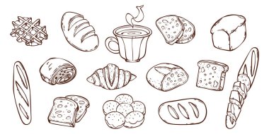 Beyaz arkaplanda izole edilmiş eskiz fırını karalama simgeleri. Taze ekmeğin vektör çizimleri, kahve fincanı, brioche, kruvasan ve waffle kahvaltı menüsü için el yapımı garip tasarım öğeleri.