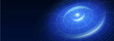 Koyu mavi arka planda soyut teknoloji dalgalanmaları. Noktalardan veya parçacıklardan parlayan dairesel dalga desenlerinin vektör çizimi, ses efekti. Sunumlar için modern tasarım