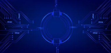 Parlak mavi çizgileri ve gelecekteki dijital kalıpları olan bir devre kartı çerçevesi, vektör gerçekçi illüstrasyonu. Yuvarlak sınır ve neon ışıklı yüksek teknoloji soyut elektronik arkaplan