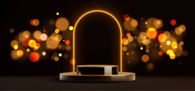 Zarif siyah altın podyum, parlak kemer ve karanlık arka planda parıldayan parçacıklar. Lüks ödül töreni için gerçekçi vektör bg, Bokeh ile yuvarlak sahne, kozmetik ürün sunumu için ayakta durun