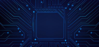 Parlak mavi çizgileri ve gelecekteki dijital kalıpları olan bir devre kartı çerçevesi, vektör gerçekçi illüstrasyonu. Kare kenarlı ve neon ışıklı yüksek teknoloji soyut elektronik arkaplan