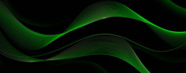 Dinamik yeşil dalgalar, koyu arkaplanda parlayan neon ışıklarıyla birlikte akar. Çizgi izlerinin soyut vektör çizimi ve fütüristik teknoloji enerji efekti, dalgalı ve spiral ağın hız hareketi