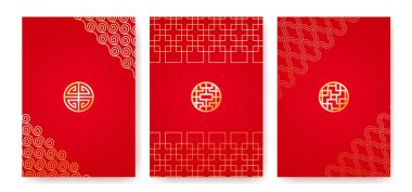 Geleneksel altın çerçeveli ve soyut desenli Çin kırmızı zarfı, zarif dalgalı arka plan. Ay 'ın yeni yıl kutlamaları için gerçekçi vektör çizimi, altın elementli doğu tasarımı