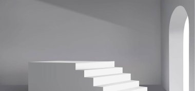 Kemer pencere gerçekçi arka planlı beyaz 3D merdiven podyumu. Modern geometrik merdiven sahnesi ya da ürün gösterimi için ark ile ayakta durun. Minimalist stüdyo odası bg sunum için