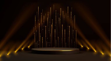 Sahne ışıkları ve karanlık arka planda parıldayan parıltılarıyla zarif siyah bir podyum. Lüks ödül töreni için gerçekçi vektör bg, sahne veya ayakta, ürün sunumu için ışıldayan parçacıklar