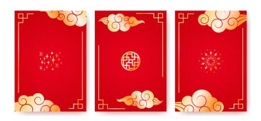 Geleneksel altın çerçeveli Çin kırmızı zarfı, Seigaiha arka planında bulutlar ve havai fişekler. Ay 'ın yeni yıl kutlamaları için gerçekçi vektör çizimi, altın elementli doğu tasarımı