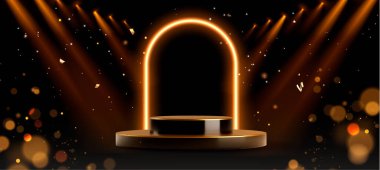 Zarif siyah altın podyum, parlak kemer ve karanlık arka planda parıldayan parçacıklar. Lüks ödül töreni için gerçekçi vektör bg, konfeti ve spot ışıklarıyla yuvarlak sahne, sunum için ayakta durun