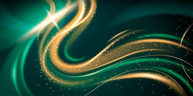 Altın eğri kurdeleli, parlak kıvılcımlı yeşil soyut arkaplan, birinci sınıf vektör arka plan. Dalgalı altın çizgiler, bokeh ve ışık efekti, lüks tasarım kavramları için zarif metalik parıltı