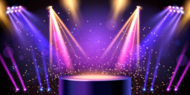 Ödül töreni sahnesi gerçekçi vektör arkaplanı ve altın spot ışıkları altında yuvarlak podyum. Lüks gösteri, parlak yıldızlı tasarım ve mavi ve mor ışıklar, kazanan sunumlar.