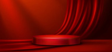 Kırmızı kadife perde çerçeveli kırmızı podyum, lüks perdeleri olan zarif sahne platformu. Ödül töreni, ürün gösterimi veya kozmetik sunumu için saten kumaşlı gerçekçi 3d vektör arkaplanı