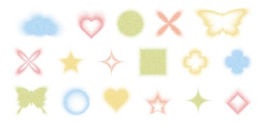 Kumlu gradyan şekiller, çiçek ve kelebek, Y2K retro tarzı daire ve kalp, vektör illüstrasyon seti. Gürültülü renk yarım ton desenleri, pikselli noktalar ve soyut çiçek ve geometrik simgeler