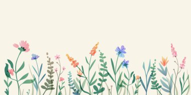 Bahar desenli ve narin çiçek desenli suluboya kır çiçeği sınırı. Pembe gelincikler, mavi yapraklar, ve beyaz arka planda bahçe çiçekleri, kartlar için romantik botanik çizimleri.