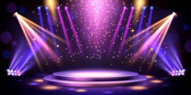Ödül töreni sahnesi gerçekçi vektör arkaplanı ve altın spot ışıkları altında yuvarlak podyum. Lüks gösteri, parlak yıldızlı tasarım ve mavi ve mor ışıklar, kazanan sunumlar.