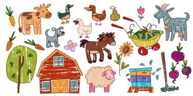 Beyaz arka planda izole edilmiş şirin çiftlik hayvanları ve nesneler. Çocuk eli çizilmiş köpek, inek, koyun, keçi ve ördek, meyve ve sebze hasadı, ahır ve ahşap arı kovanının vektör çizimi