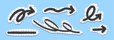 Albüm kolajı için kağıt kesimi ok çıkartmaları, arka planda izole edilmiş gerçekçi vektör seti. Karalama elementli Grunge kesme koleksiyonu, süslü siyah oklar, eski kare kare kağıt dokusu