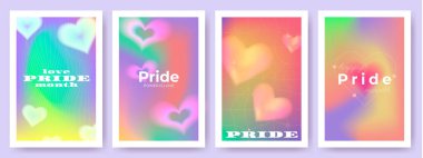 Gurur rengi posterler, vektör çizimleri. Yanardöner arkaplan, soyut kablo şekli ve mavi kalp şekilli kart. Mutlu kapsayıcı tasarım için LGBTQ ay şablonları