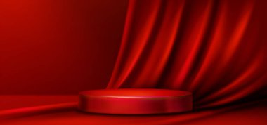 Kırmızı kadife perde çerçeveli kırmızı podyum, lüks perdeleri olan zarif sahne platformu. Ödül töreni, ürün gösterimi veya kozmetik sunumu için saten kumaşlı gerçekçi 3d vektör arkaplanı