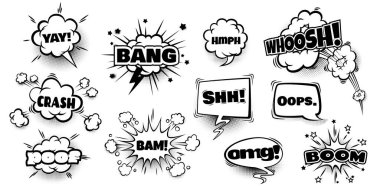 Beyaz arka planda izole edilmiş komik ses efektleri. Siyah konuşma bulutlarının vektör çizimi, patlama patlama tasarımı, retro tarzı kitap veya poster diyalogları için grafik elementler