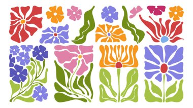 Matisse tarzı çiçek ve yapraklarla soyut karalama desenleri. Kesilmiş bitkilerle modaya uygun posterler için Retro vektör tasarımı, modaya uygun klasik tarzda botanik baskılar.