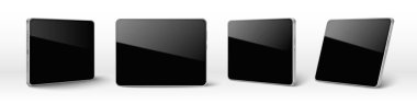 Tablet modeli seti boş siyah ekran ve gümüş metal çerçeveli. Ped aygıtı şablonu, ön ve farklı açıların gerçekçi vektör çizimleri beyaz arkaplanda izole görünüyor. 3d aygıt tasarımı