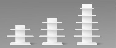 Beyaz kitap rafı, süpermarket ürünleri için perakende satış standı modeli, 3D gerçekçi vektör çizimleri. Satış noktası reklamları için boş ahşap raf rafı, bg üzerinde izole edilmiş gondol şablonu depolama