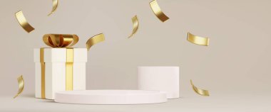 Hediye kutusu ve altın konfetiyle beyaz sahne platformu. Parlak kurdeleli zarif varlığın vektör gerçekçi çizimi, havada uçuşan şenlik flaması, premium ürün gösterisi, özel mağaza teklifi