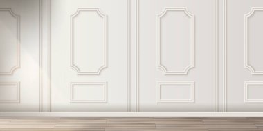 Zarif ahşap çerçeveli klasik beyaz duvar panelleri. Lüks Viktorya tarzı iç tasarımın gerçekçi temsili, doğal ahşap döşeme, ev dekorasyonu, sofistike saray arka planı.