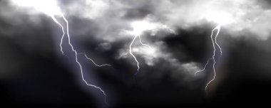 Yıldırımlar ve şimşekler fırtınalı karanlık bulutları vuruyor, gerçekçi vektör arkaplanı. Gece gökyüzünde parlayan çarpıcı güçlü civataları olan atmosferik pankart, kötü hava çizimi, kasırga