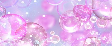 Şeffaf gökkuşağı sabun köpükleri gerçekçi vektör arkaplanı oluşturur. Parlak efektli pembe ve mavi yanardöner balon, 3 boyutlu parlak su küreleri, şampuan, kozmetik banyo ürünü, rüya gibi tasarım.