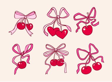 Arka planda yay ve vektör karalama çizimi olan şirin bir kiraz. Kırmızı kiraz rengi kalp, garip pembe kurdele, el çizimi güzel tasarım unsurları, kadınsı ya da sevgililer günü sembolü