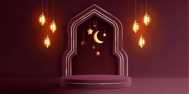 Altın kemerli Ramazan podyumu, Arap feneri ve ayı. Altın sarısı arkaplan ve bayram kartları, bayram afişleri veya ürün sergileri için yıldızlar