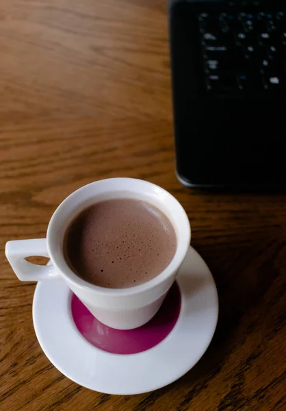 Delicious Hot Chocolate Brown Table One Computer Accompanying — Stock Photo, Image