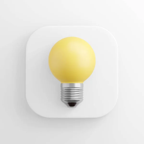 アイコンは 現実的な黄色の丸い電球 白い四角形のボタンです 3Dレンダリング — ストック写真