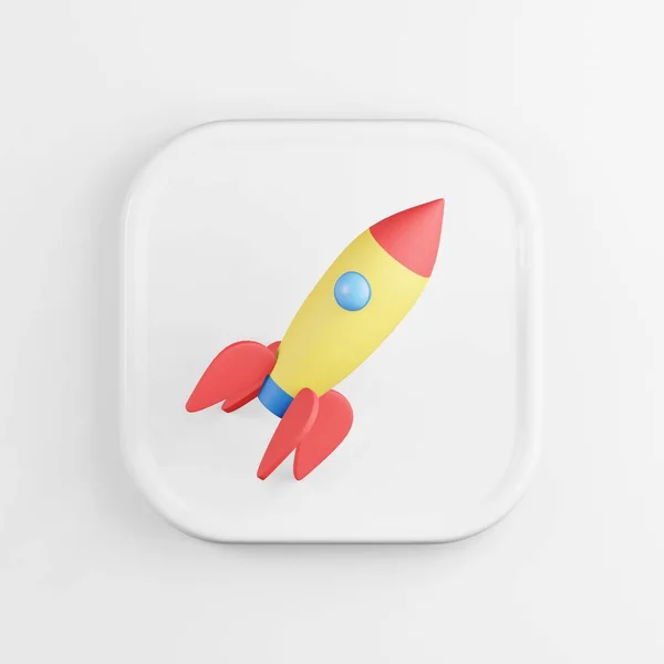 Multicolored space rocket icon. 3D rendering white square button key, interface element