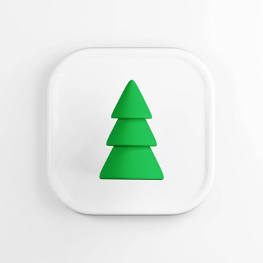 Yeşil Noel ağacı ikonu. 3d oluşturma beyaz kare tuş, arayüz ui ux ögesi.