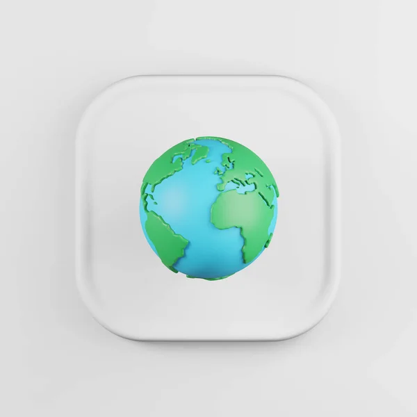 Globe icon cartoon style. 3d rendering white square key button, interface ui ux element
