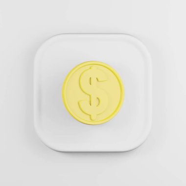 Çizgi film tarzında dolar şeklinde sarı ikon. 3d oluşturma beyaz kare tuş, arayüz ui ux ögesi