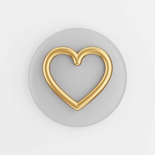 金色心脏轮廓线图标 3D渲染灰色圆键按钮 接口Uux元素 — 图库照片