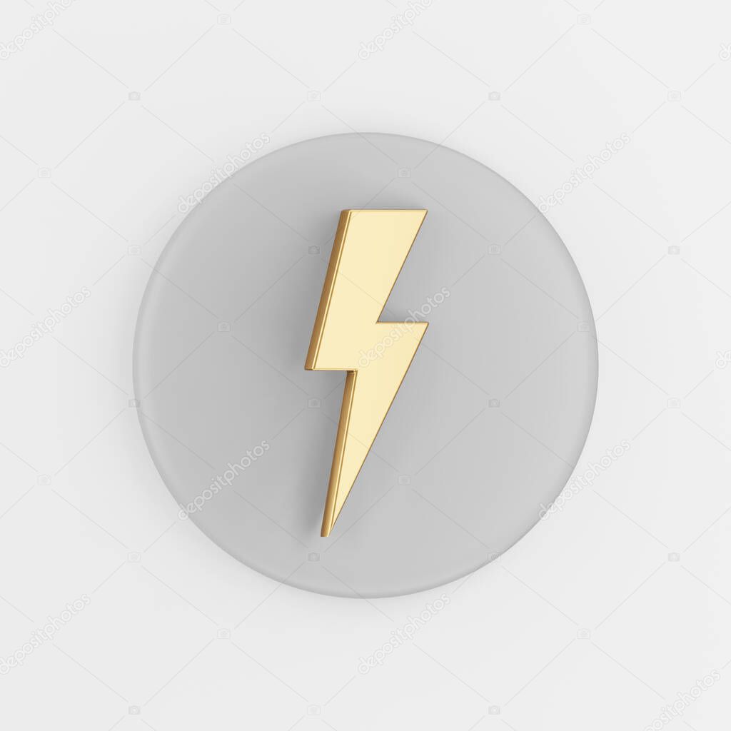 Golden lightning icon. 3d rendering gray round key button, interface ui ux element