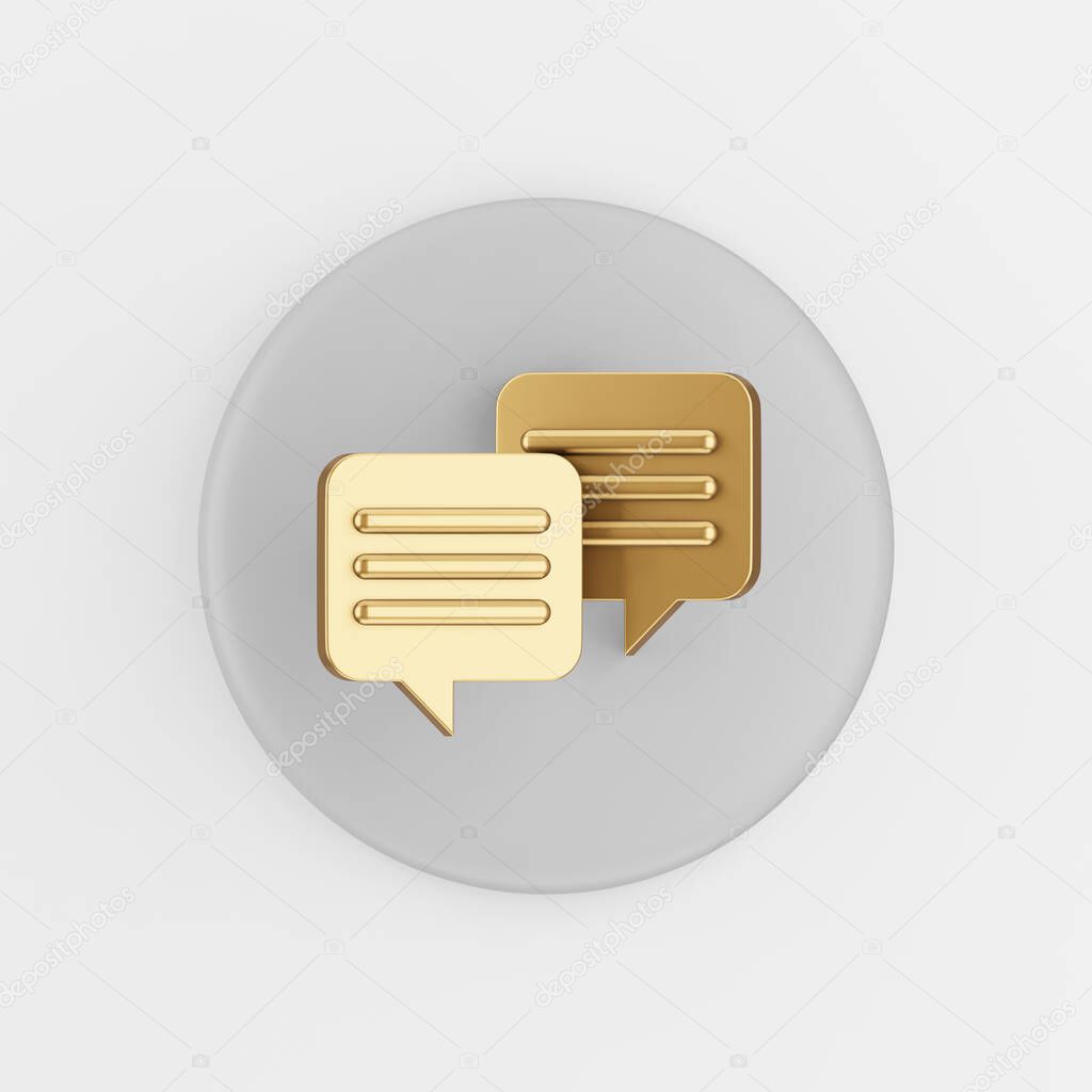 Gold square speech bubbles icon. 3d rendering gray round key button, interface ui ux element
