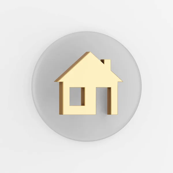 フロントビューの黄金の家のアイコン 3Dレンダリンググレーラウンドキーボタン インターフェイスUi Ux要素 — ストック写真