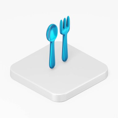 Mavi kaşık ve çatal simgesi. 3d oluşturma kare tuşlu izometrik görünüm, arayüz ui ux ögesi