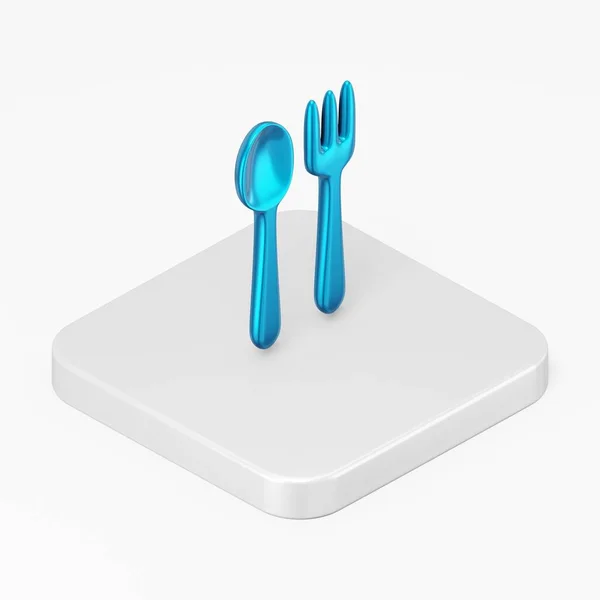 Blue Spoon Fork Icon Rendering Square Button Key Isometric View — Stock Photo, Image