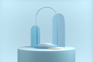 Soyut mavi podyum. Pastel ürün platformu, minimum geometrik şekiller. 3B görüntüleme