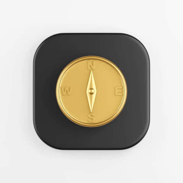 黄金の磁気コンパスアイコン 黒の四角形キーボタンの3Dレンダリング インターフェイスUi Ux要素 — ストック写真