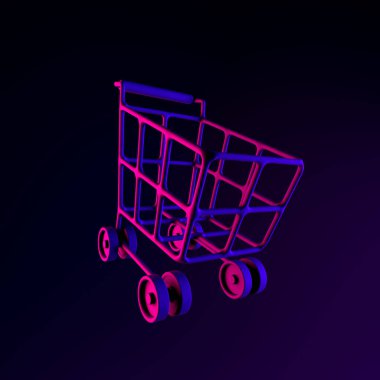 Tekerlekli Neon ikon alışveriş arabası. 3 boyutlu ui ux arayüz ögesi oluşturuluyor. Koyu parlak sembol