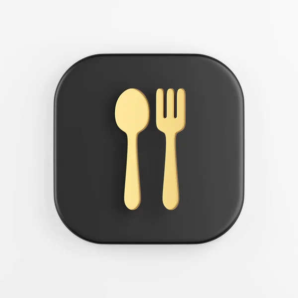 Golden Spoon Fork Icon Flat Style Rendering Black Square Button — Stock Photo, Image