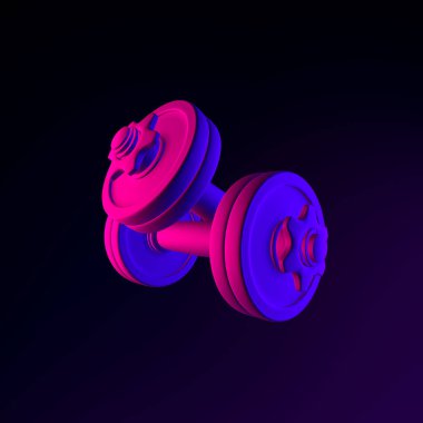 Neon dambıl ikonu. 3D arayüz uux ögesi oluşturuluyor. Koyu parlak sembol